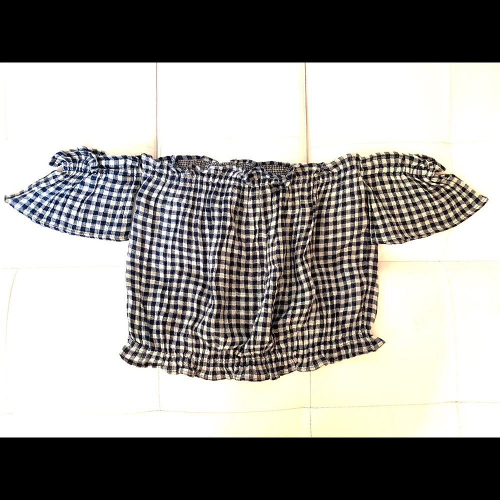 navy blue striped off the shoulder shirt